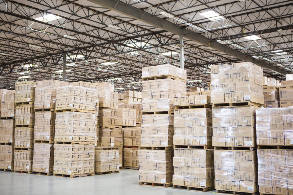 Pallets stacked inside a warehouse